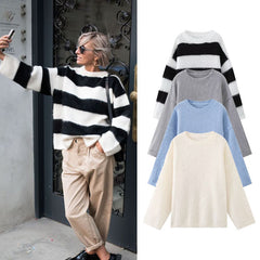 Cross-border Amazon European and American clothing 2023 autumn and winter new loose casual striped long sleeves contrasting round neck M6282