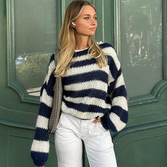 European and American 2024 winter new sweater for women Round neck striped loose lazy versatile long sleeve knitted sweater for women