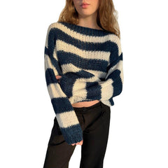 European and American 2024 winter new sweater for women Round neck striped loose lazy versatile long sleeve knitted sweater for women